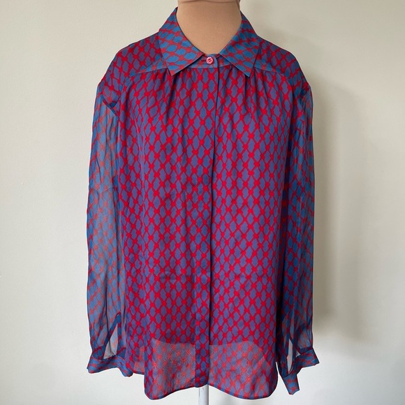 Jason Wu Miss Wu Blue Red Multi Silk Sheer Panel Long Sleeve Button Down Top 12 - Picture 1 of 9